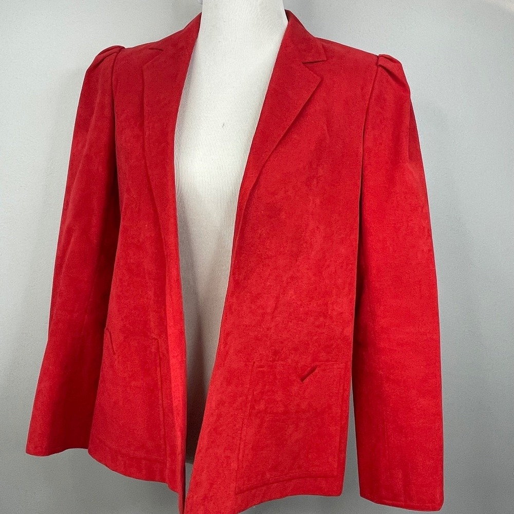 Baron Peters Ultrasuede Blazer Vintage Red Open Front Puff Shoulder Jacket Sz 12